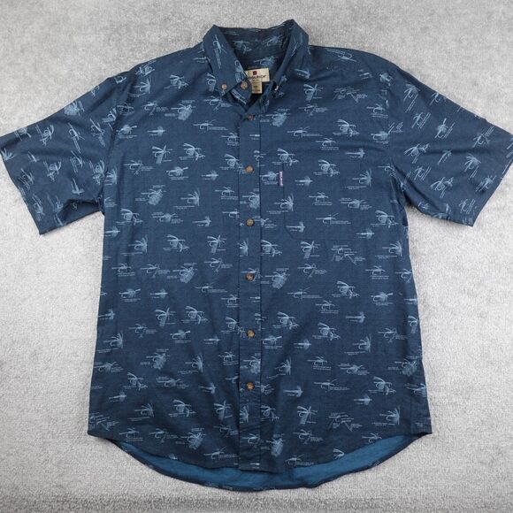 Woolrich Shirt Men L Blue Fishing Lure AOP Short Sleeve Button Up All Over Print - Picture 1 of 8